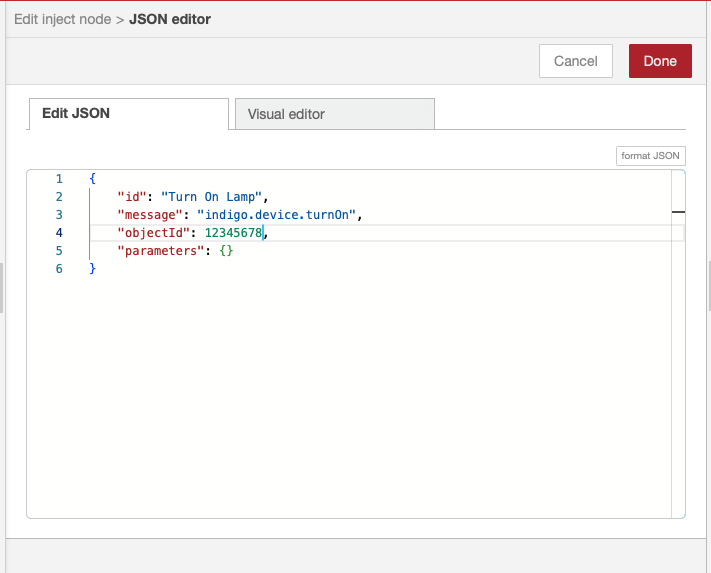 Node-RED Inject Node Turn On JSON Image